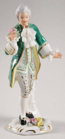 Dresden Lace Figurines Man In Green Coat Holding Rose - No Box