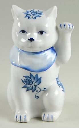 Floral Animals Lucky Cat-Blue & White - No Box