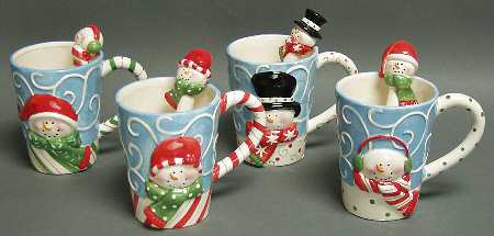 Polka Dots Snowman Mugs W/ Spoon Set Of 4 - Boxed