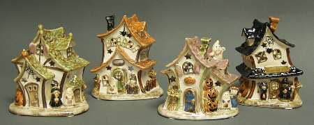 Halloween Fun Village-Set Of 4 Tea Lights - Boxed
