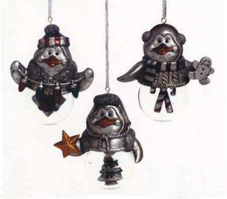 Pewter Finish Christmas Giftware Set Of Three Penguin Ornaments - Boxed