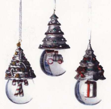 Pewter Finish Christmas Giftware Set Of Three Tree Ornaments - With Box