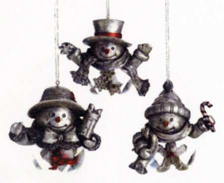 Pewter Finish Christmas Giftware Set Of Three Snowman Ornaments - Boxed