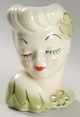 Head Vases Lady W/ Green Flower & Dress - No Box