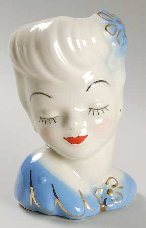 Head Vases Lady W/ Blue Flower & Dress - No Box