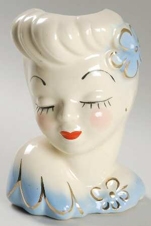 Head Vases Lady W/ Blue Flower & Dress - No Box