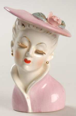 Head Vases Lady Pnk Drs/Hat Gold Lashes - No Box
