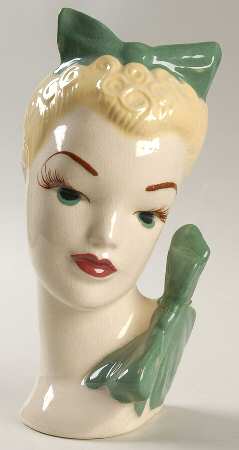 Head Vases Lady Blonde Bust Grn Bws & Eys - No Box