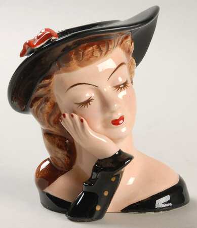 Head Vases Lady Blk Hat And Dress Red Flw - No Box