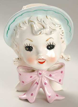 Head Vases Girl Pigtails Lg Pink Bow Dots - No Box