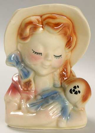 Head Vases Girl Pigtails Red/Blu W/Doll - No Box
