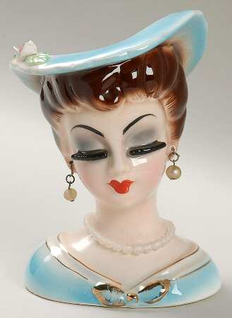 Head Vases Lady Blue Drs/Hat Pierced Ears - No Box
