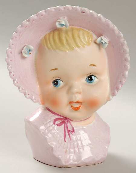 Head Vases Baby Pink Bonnet/Drs 3 Roses - No Box