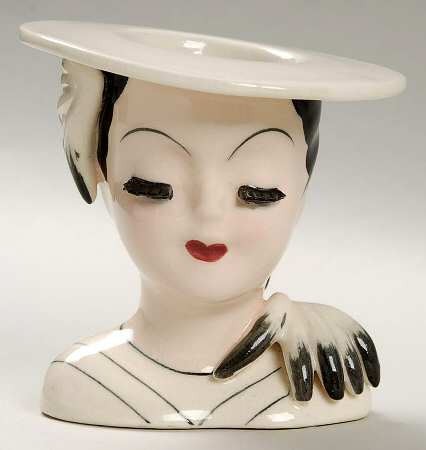 Head Vases Lady Clsd Eyes Blk/Wht Feathe  - No Box