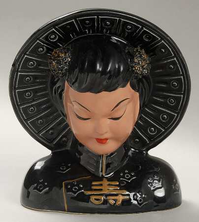 Head Vases Asian Blk Hat/Drs/Hr Gold Acce - No Box