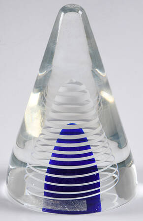 Art Glass Paperweights Cone-Blue Bubble, White Spiral - No Box