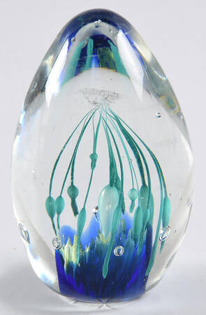 Art Glass Paperweights Egg-Teal Drop Lines Over Blue - No Box