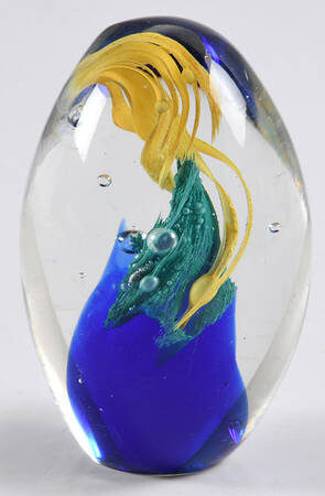 Art Glass Paperweights Egg-Yellow,Blue,Teal Swirl - No Box