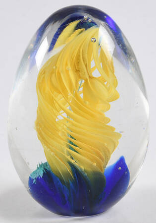 Art Glass Paperweights Egg-Yellow Swirl,Blue - No Box
