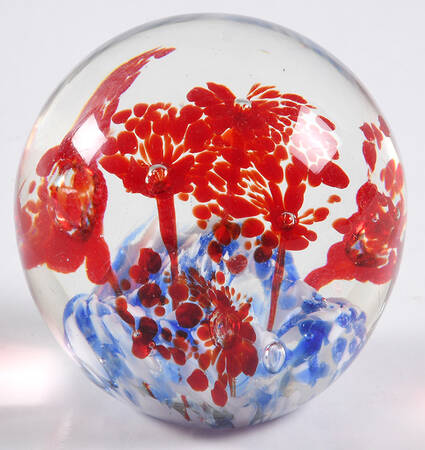 Art Glass Paperweights Red Bursts Over Blue & White Chips - No Box