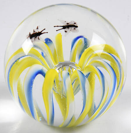 Art Glass Paperweights Blue & Yellow Flower,Butterflies - No Box 108