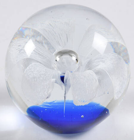 Art Glass Paperweights White Flower,Bubble,Cobalt Base - No Box