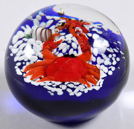 Art Glass Paperweights Crab On White Chips,Cobalt Blue - No Box