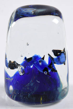 Art Glass Paperweights Block-Blue Reef & Fish - No Box