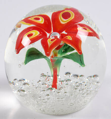Art Glass Paperweights Yellow And Red Flower, Bubbles - No Box