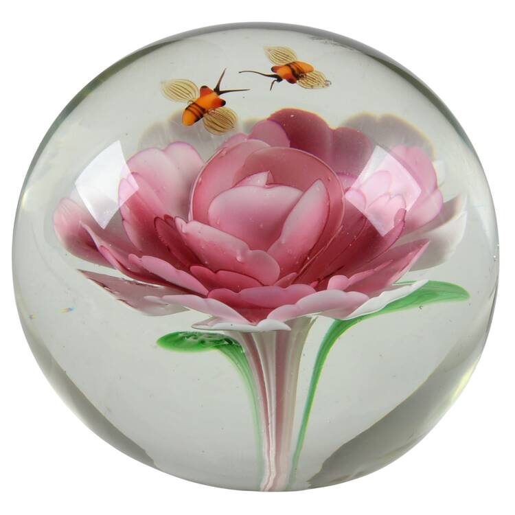 Art Glass Paperweights Bees Flying Over Pink Flower - No Box