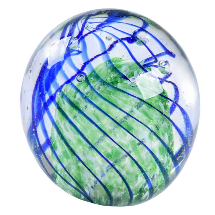 Art Glass Paperweights Blue Spiral, Green Core, Air Bubbles - No Box