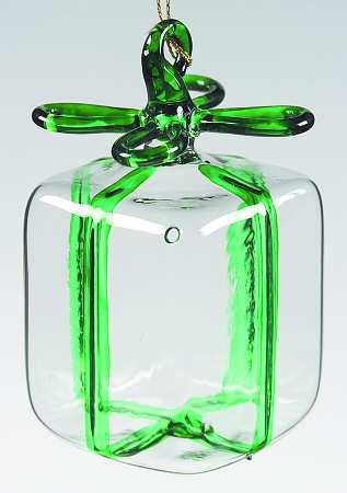 Vietri Crystal Christmas Ornament Clear Present W/Green Bow - No Box