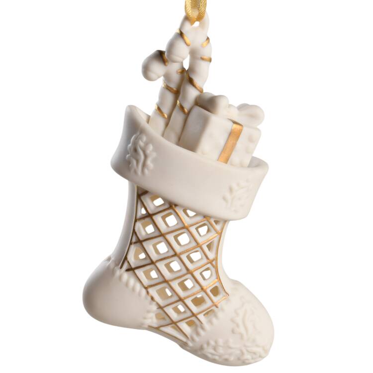 Wedgwood Christmas Ornament Stocking-White With Candy Cane And Gift - With Box
