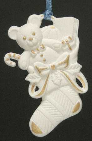 Wedgwood Christmas Ornament Stocking-White Jasper With Teddybear - With Box 108