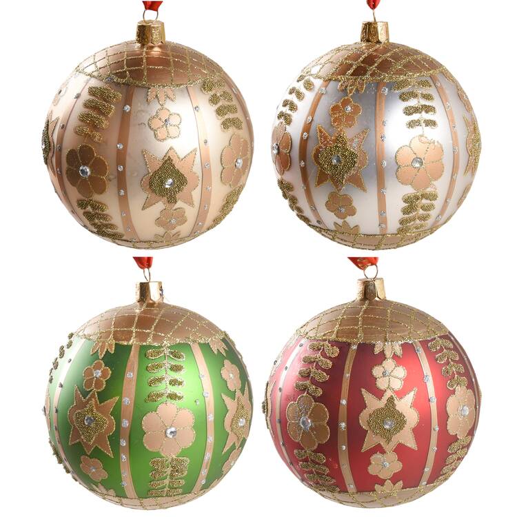 Holiday Heirloom Red, Green, Gold Floral Balls (Set Of 4) - Boxed