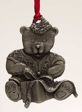 Wallace Pewter Christmas Ornament Teddy Bear With Present - Boxed