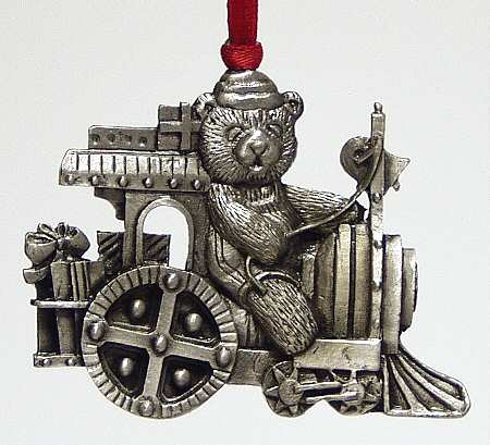 Wallace Pewter Christmas Ornament Teddy Bear Riding Train - Boxed