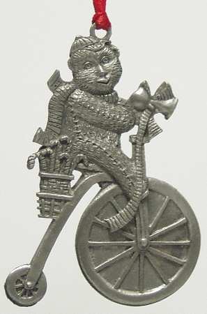 Wallace Pewter Christmas Ornament Teddy Bear On Bicycle - Boxed