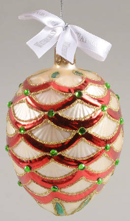 Red, Green on Champagne, White, Gold Renaissance Jeweled Pine Cone - Boxed