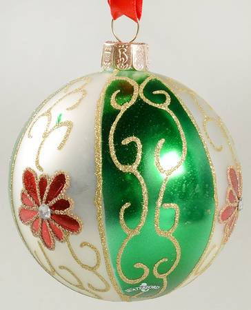 Red, Green on Champagne, White, Gold Green Swirls Ball - Boxed
