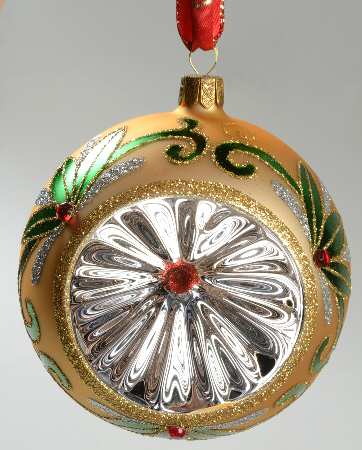 Red, Green on Champagne, White, Gold Matte Gold Scroll Reflector Ball - Boxed