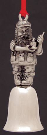 Antique Pewter Mini Bells Santa With Toy Train - Boxed