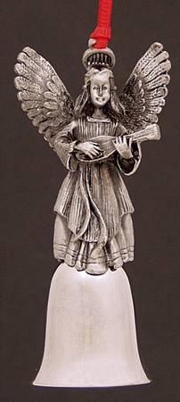 Antique Pewter Mini Bells Angel With Mandolin - Boxed