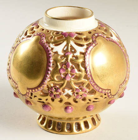 Zsolnay Figurines Reticulated Vase-Gold & Burgundy - No Box