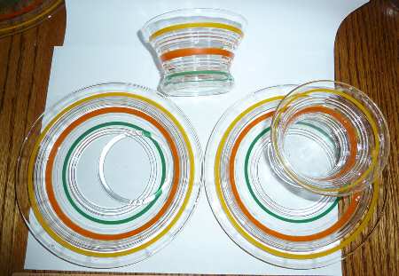 Banded Rings Clear and Multi Colored Bands Round Snack Tray w/Flat Sherbet Set