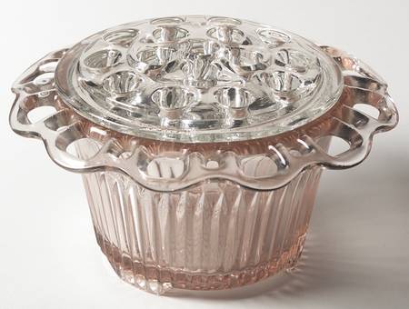 Lace Edge Pink Floral Bowl with Clear Flower Frog