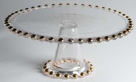 Beaded Gold 10" Diameter Pedestal Cake Stand No Dome