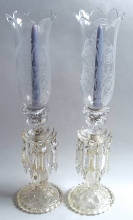 Medallion Pair of Hurricane Lamps w/Bobeche & 10 Prisms