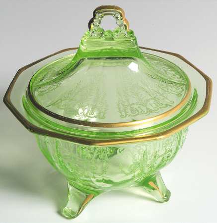Cleo Green (Stem 3077) 3-Footed Candy Dish with Lid