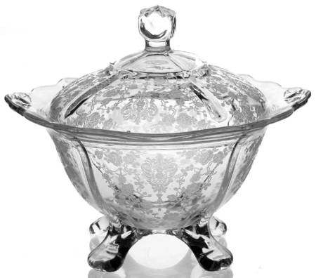 Rose Point Clear 3400/9 Four Toed Candy Dish with Lid